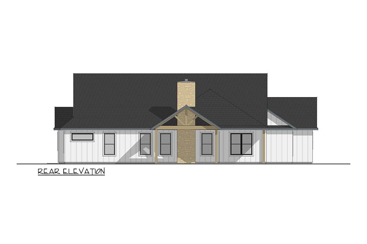 Rear elevation drawing of a one-story house plan with a prominent stone chimney and multiple windows.