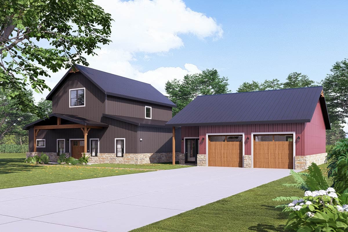 House plan exterior. Two-story Modern Farmhouse style with a front porch, gabled roof, and attached garage with two bays.