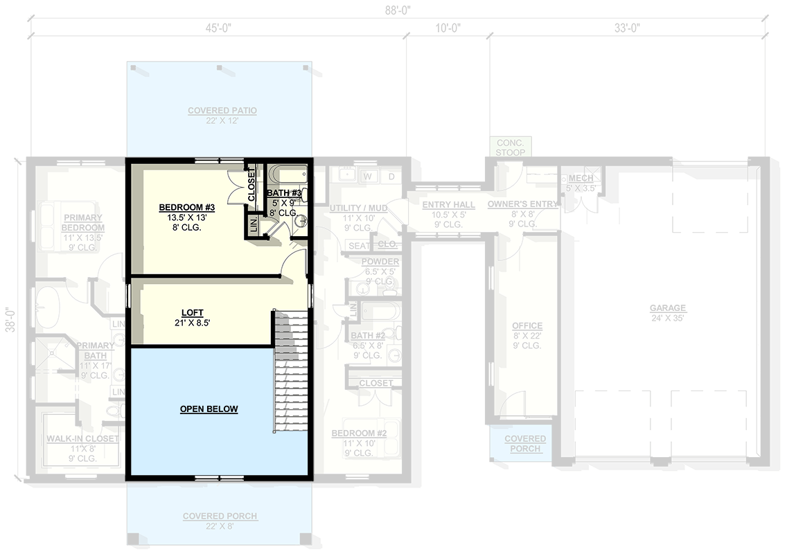 Plan 405053FDC: Vaulted Living Farmhouse House Plan with Loft and 3 Car Garage - Floor Plan - 2nd Floor - Farmhouse