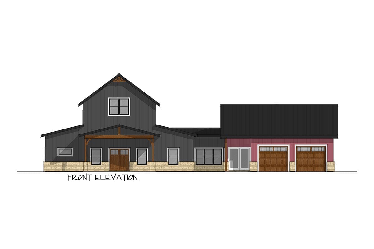 Front elevation of a two-story house plan with a covered entryway, stone wainscoting, and a three-car garage.