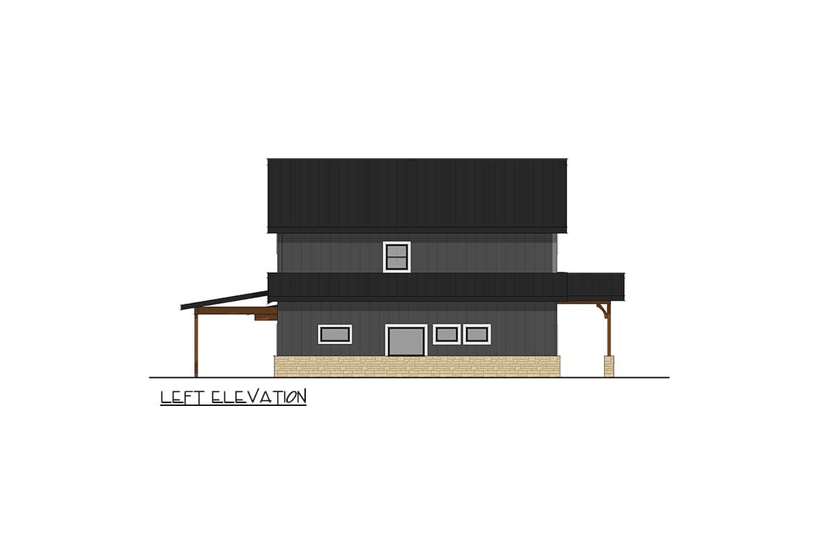 Left elevation house plan: two stories, dark siding, stone base, metal roof, covered porch on right.