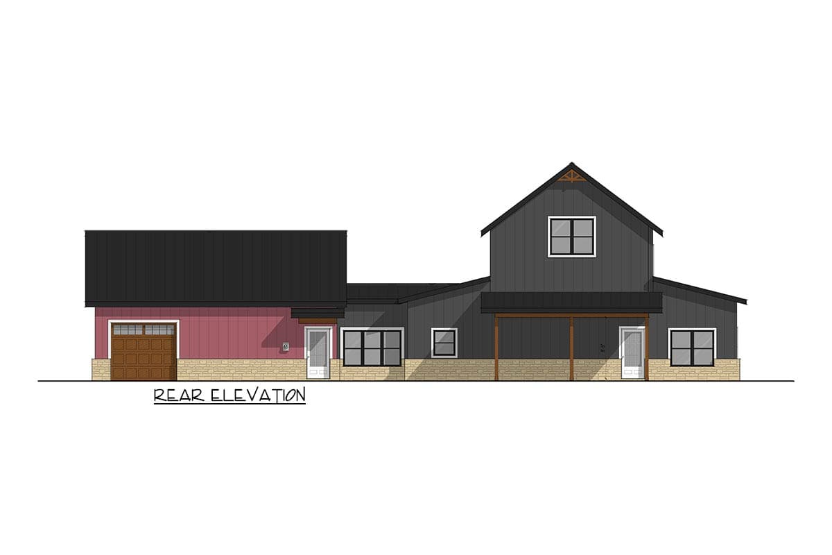 Rear elevation drawing of a two-story house with attached garage, gabled dormer, and covered porch.
