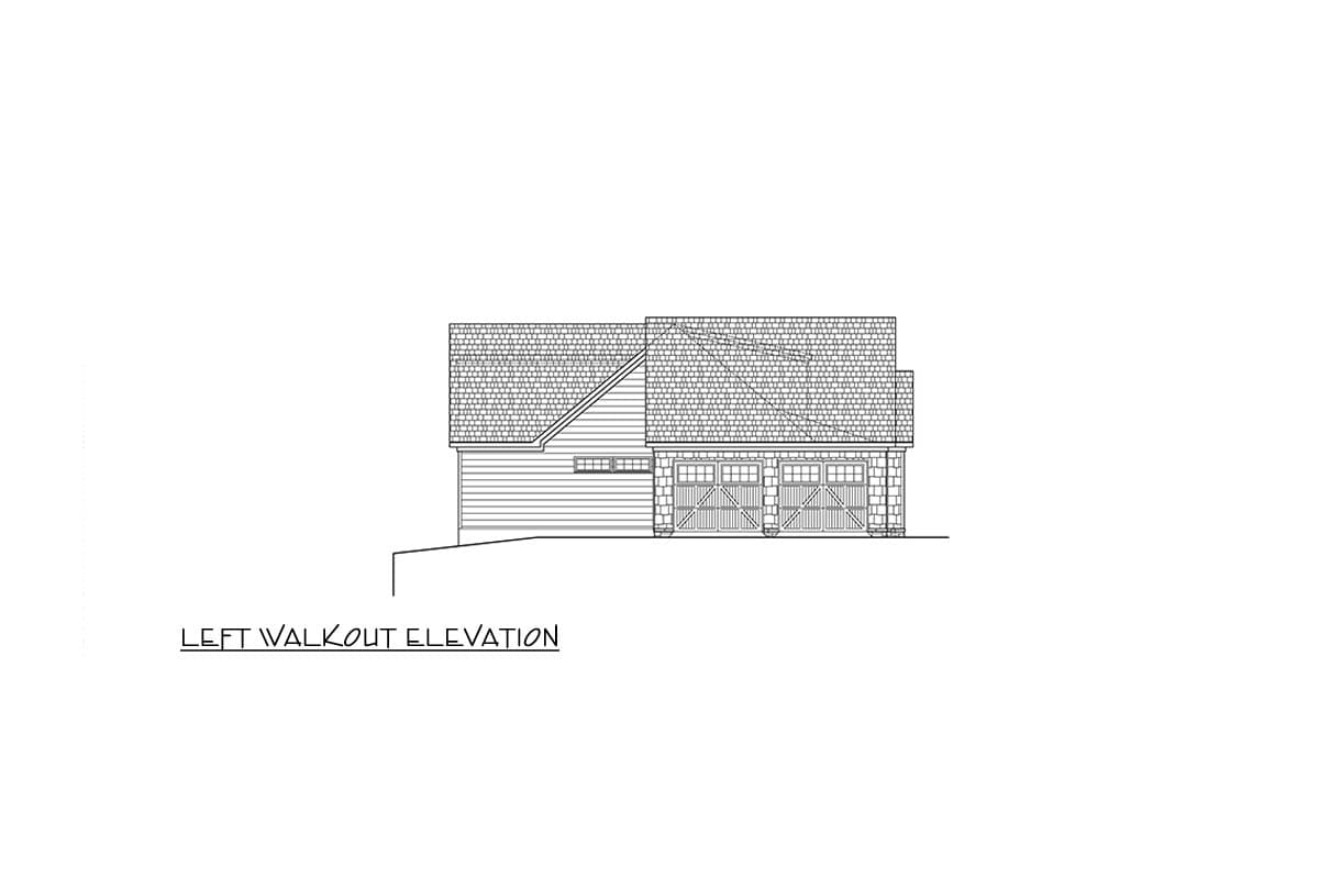 Left walkout elevation drawing showing a two-car garage with stone accents and wood garage doors.