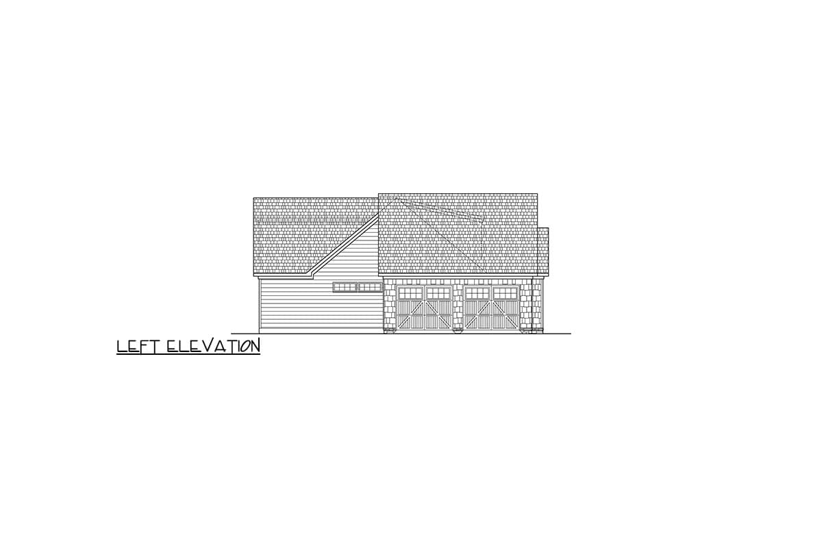Left elevation drawing of a house plan showing a two-car garage with carriage-style doors and a gable roof.