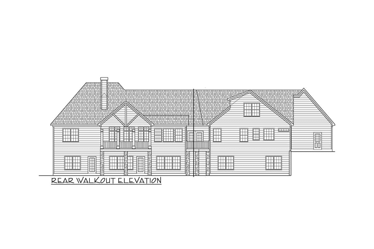Rear walkout elevation of a house plan, featuring multiple gables, balconies, and varied window arrangements.