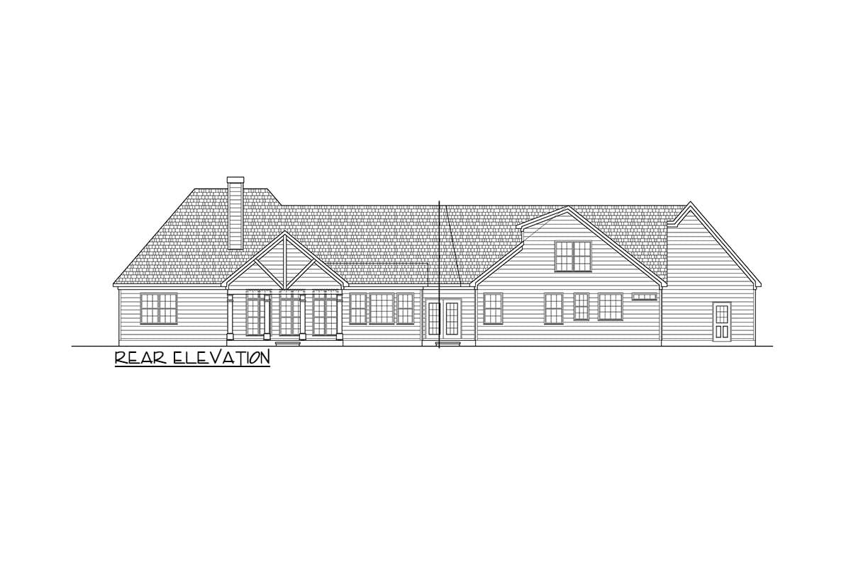 Rear elevation of a house plan featuring a prominent gable, chimney, and covered porch with multiple windows.