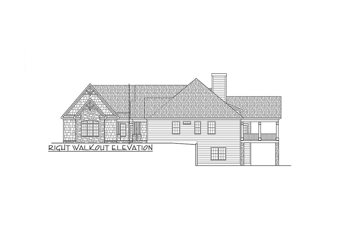 Right walkout elevation drawing of a house with stone and shingle siding, multiple gables, and a covered porch.