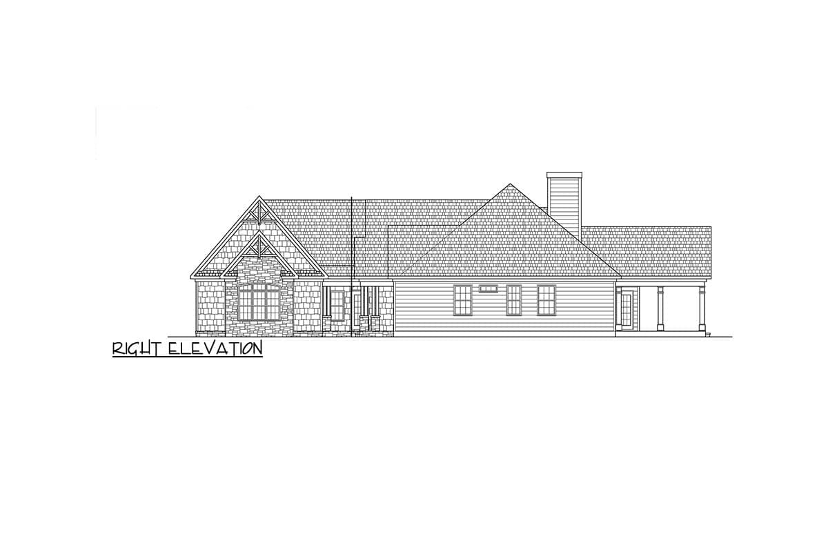 Right elevation drawing of a house with stone and shingle facade, gables, and covered porch.