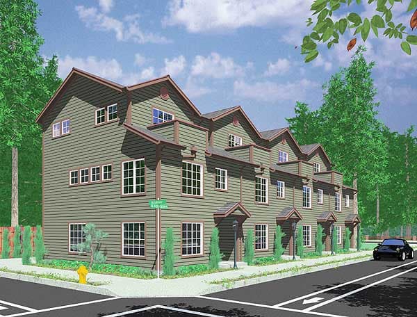 Multi-unit house plan exterior showing three stories, gabled dormers, multiple front-facing gables, and covered entries.
