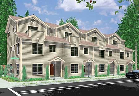 House plan exterior: three-story townhomes with gabled roofs, multiple dormers, and covered entryways.