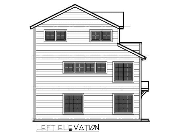 Left elevation drawing of a two-story house with horizontal siding and multiple windows on each level.