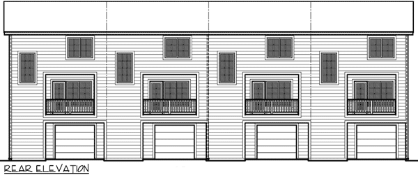 Rear elevation drawing of a four-unit dwelling with attached garages, second-floor balconies, and multiple windows.
