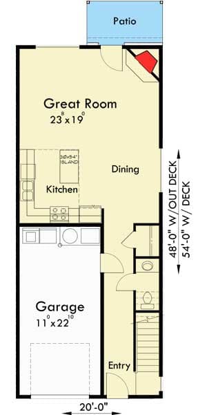 Plan 38023LB: Narrow Duplex with Vaulted Bedrooms - Floor Plan - Main Level