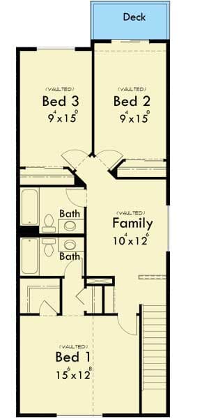 Plan 38023LB: Narrow Duplex with Vaulted Bedrooms - Floor Plan - 2nd Floor