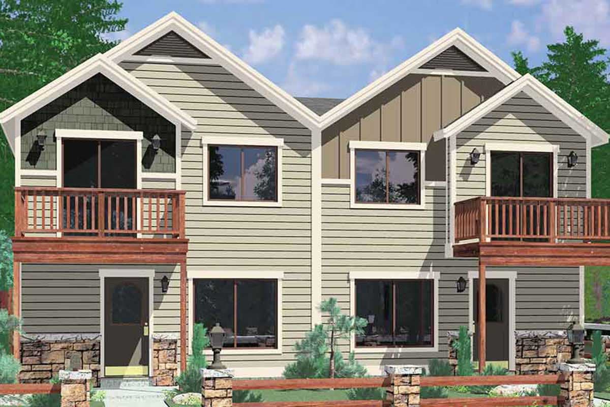 House plan exterior: two-story duplex with gabled roofs, balconies, and stone-clad lower levels.