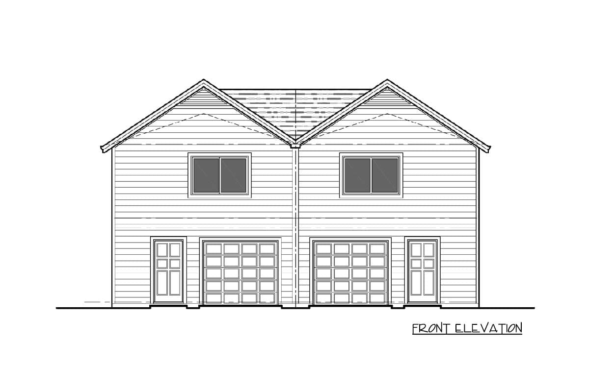 Front elevation drawing of a two-story duplex with gable roofs, two garages, and two front doors.