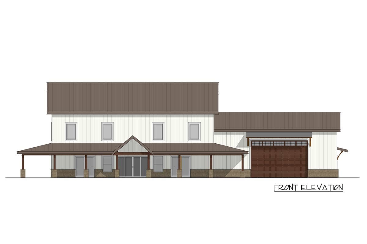 Front elevation house plan featuring a two-story main structure with a full-width porch and a side-attached garage.