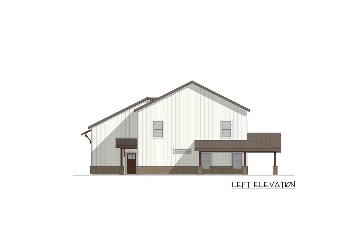 Left elevation of a two-story house plan with vertical siding, gable roof, covered front porch, and attached side porch.