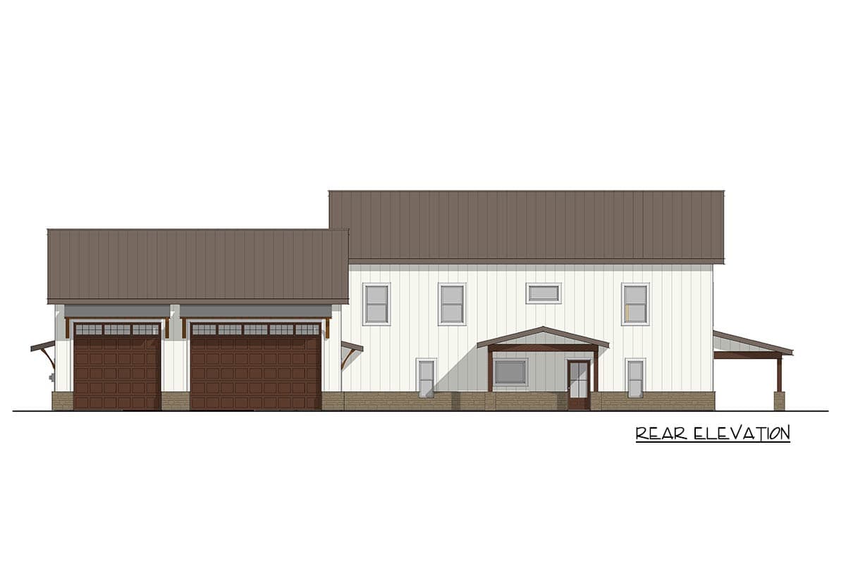 Rear elevation drawing of a two-story house plan with a two-car garage, covered entry, and metal roof.