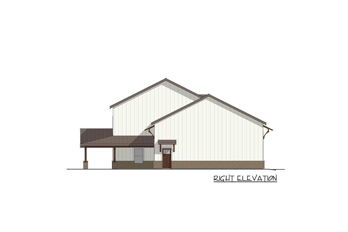 Right elevation house plan with vertical siding, gabled roof, attached porch, and stone foundation.