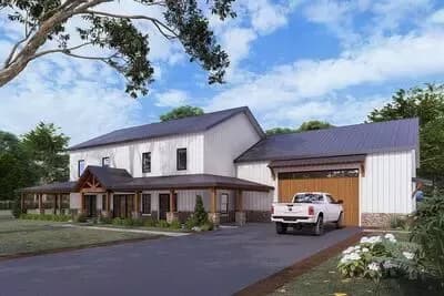 Barndominium-Style Plan with Three-Car Garage and Home Office