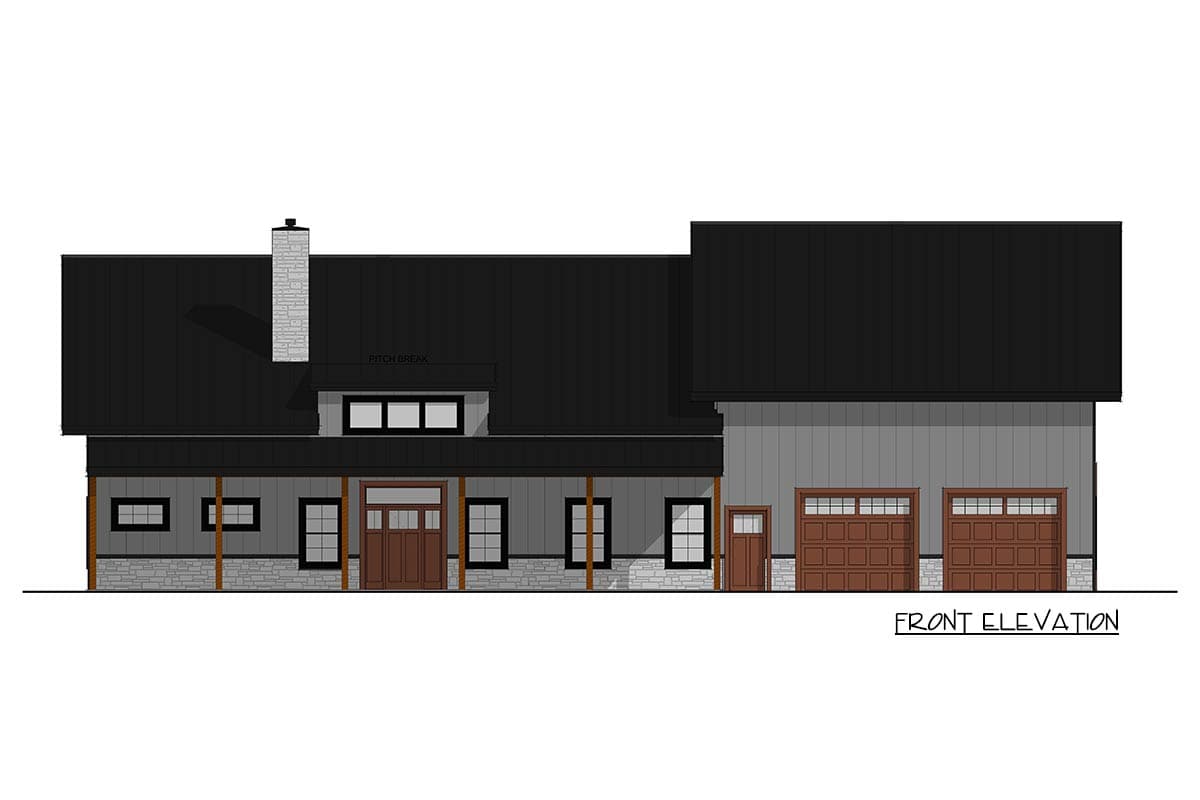 Front elevation of a house plan featuring a covered porch, stone foundation, and a three-car garage.