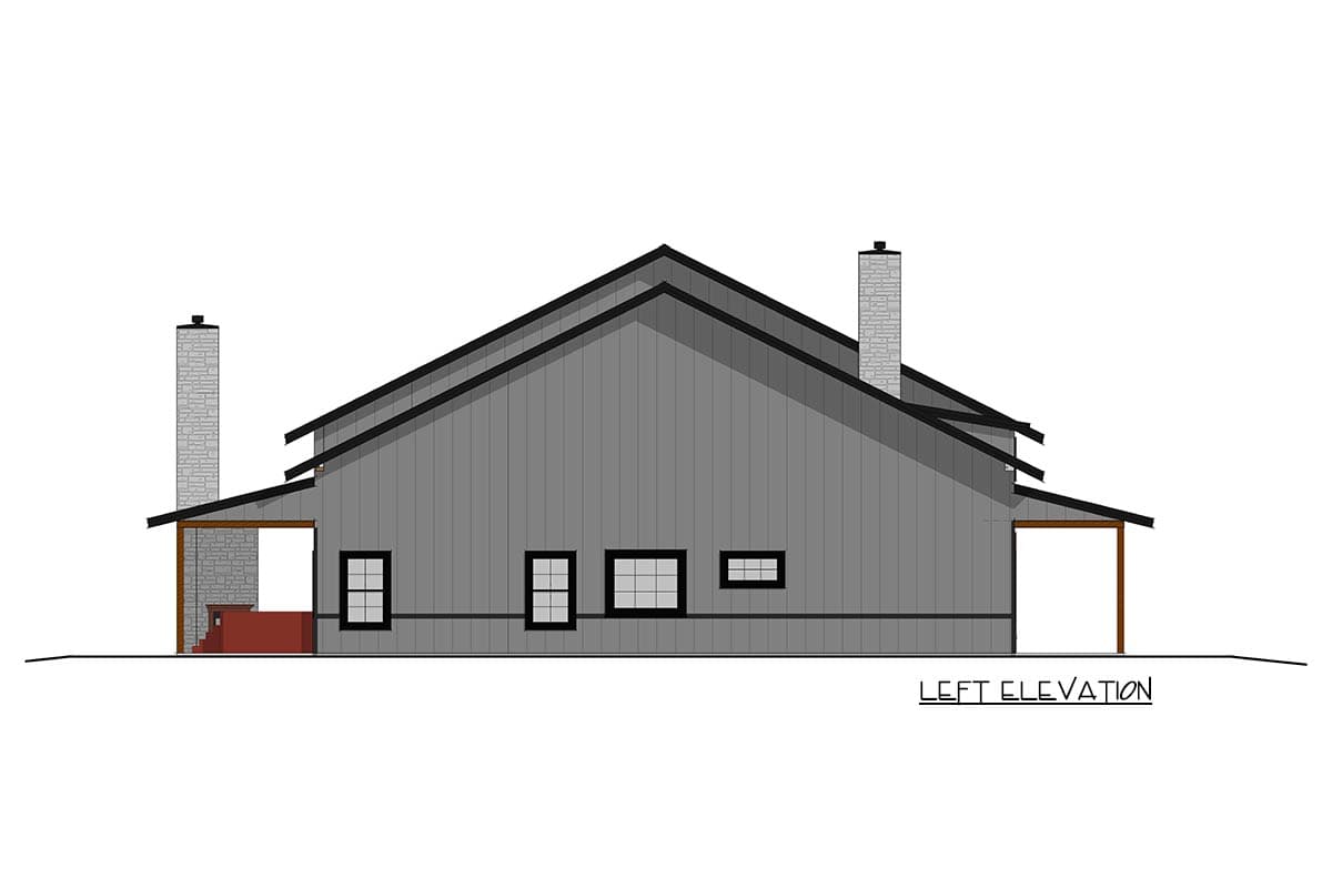 Left elevation drawing of a house plan featuring a steeply pitched roof, two stone chimneys, and multiple windows.
