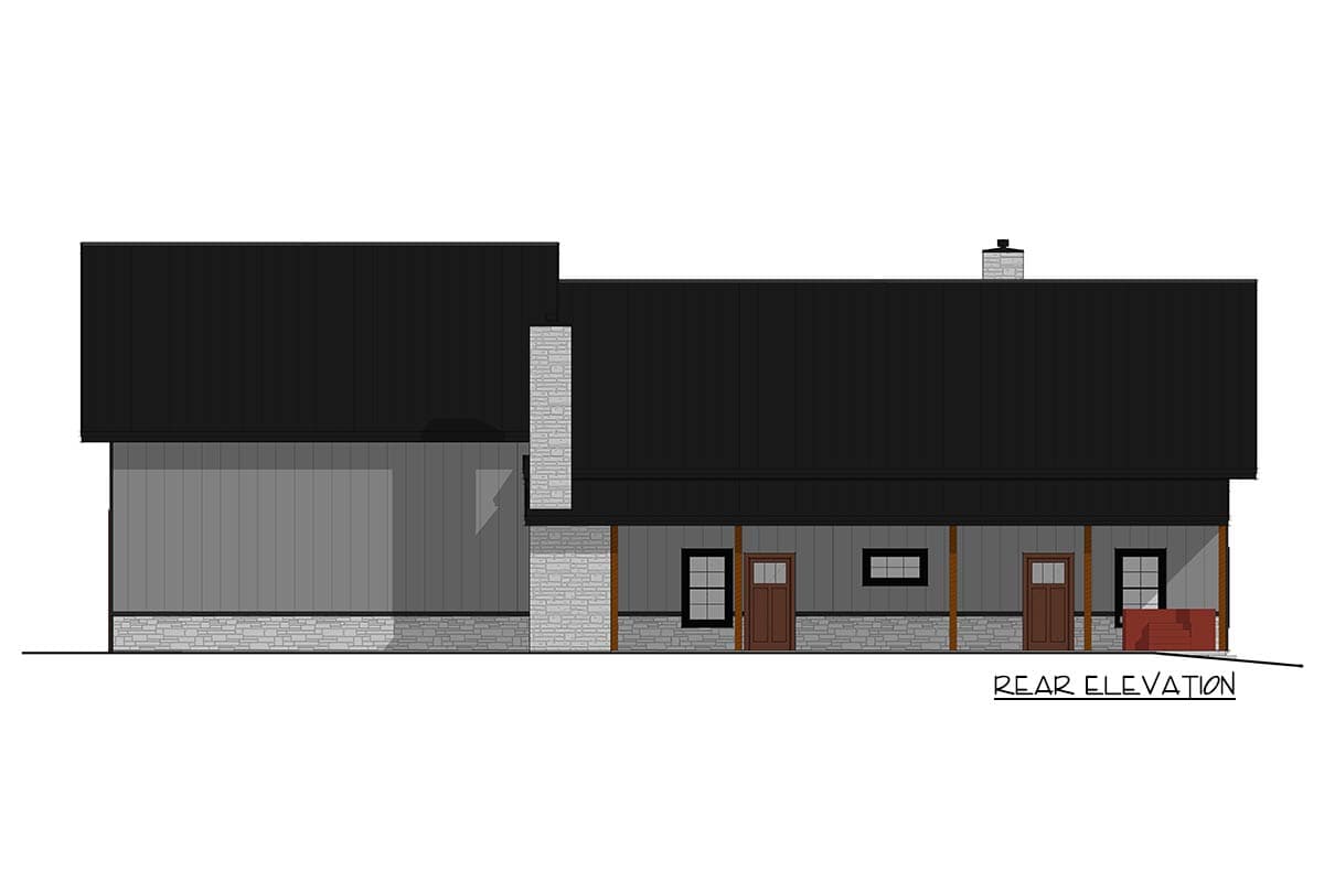 Rear elevation drawing of a house with a metal roof, stone base, covered porch with wood columns, and multiple doors and windows.