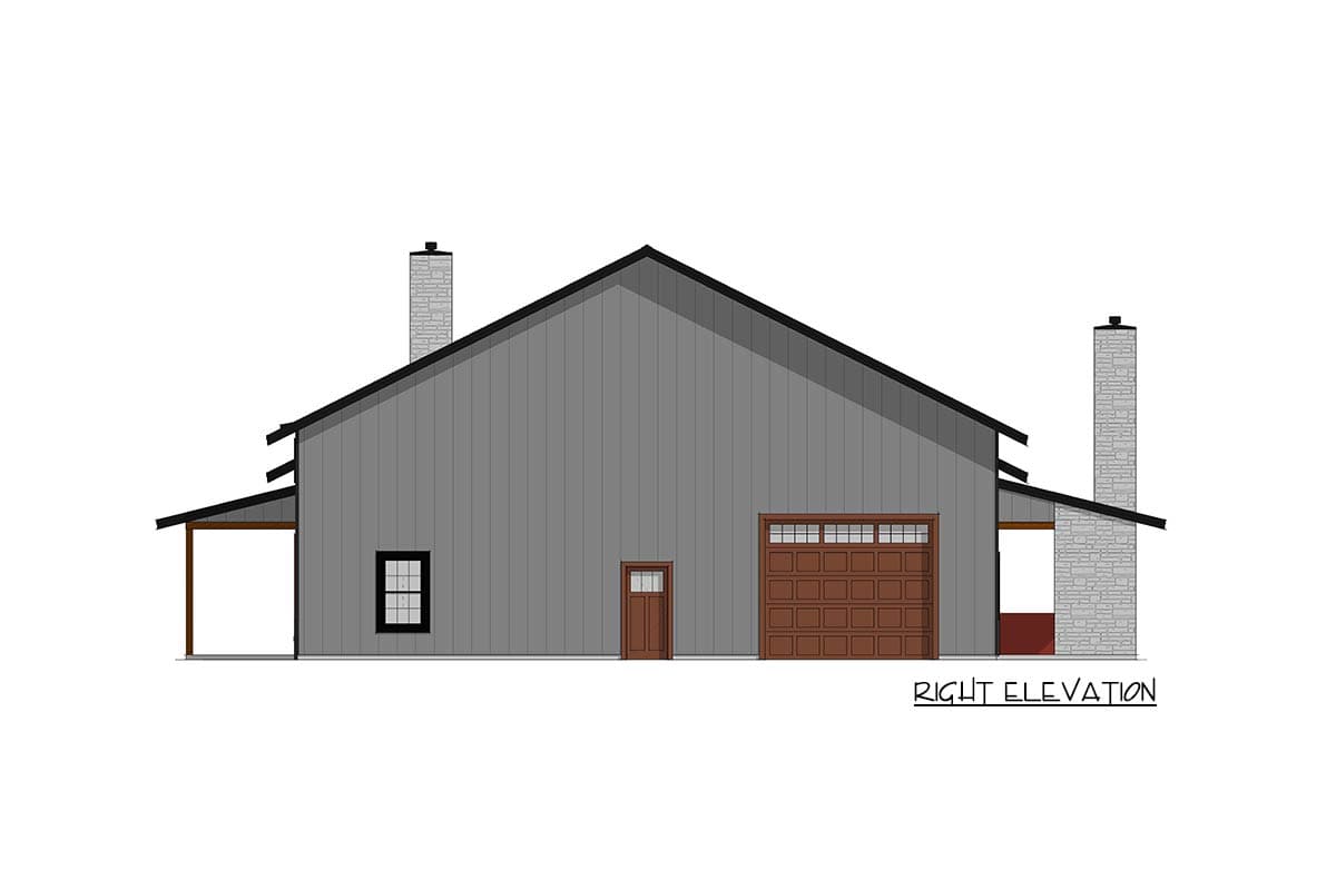 Right elevation of a house plan showing a garage, door, window, and two stone chimneys.