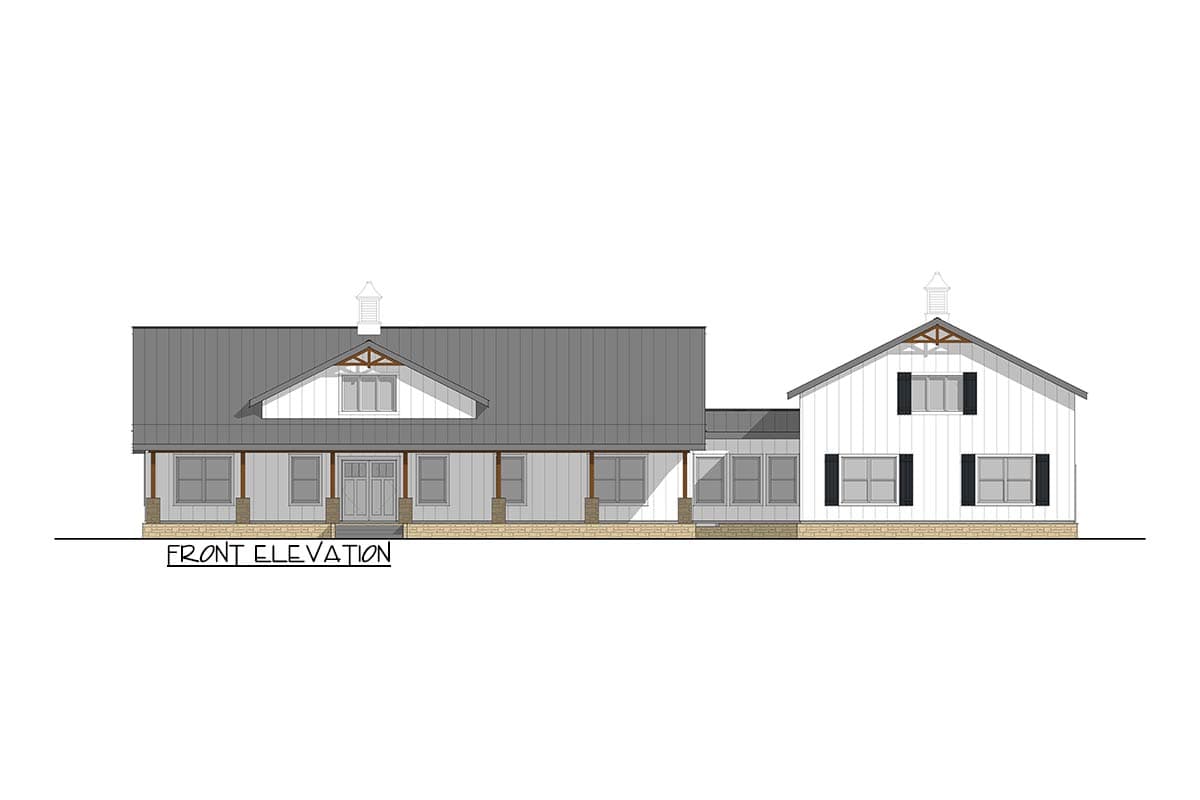 Front elevation drawing of a Modern Farmhouse with a covered porch, metal roof, and gable dormers.