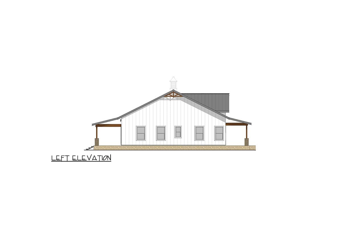 Left elevation house plan for a one-story Modern Farmhouse with metal roof, gables, and covered porches.