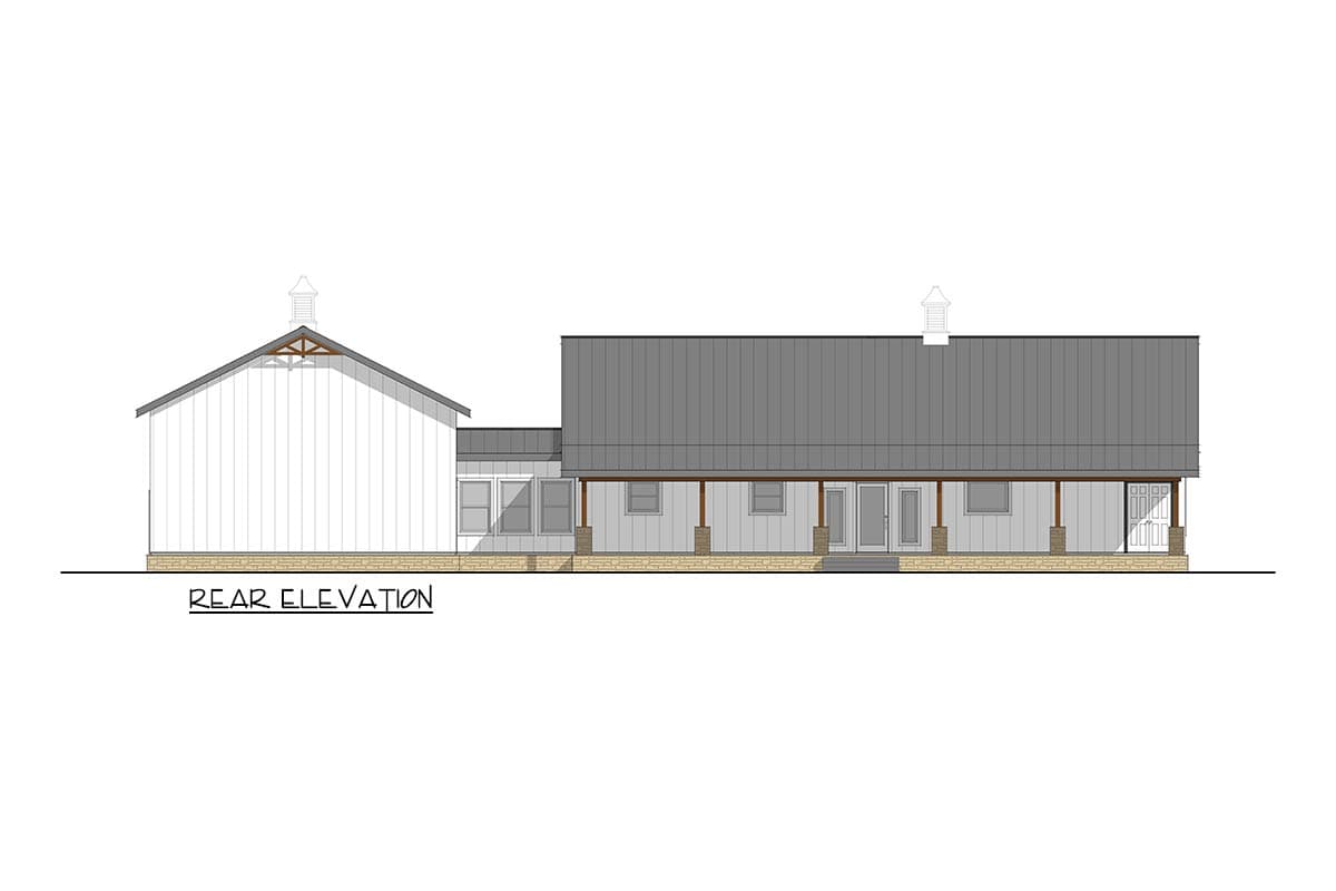 Rear elevation drawing showing a house with a metal roof, covered porch with timber supports, and vertical siding.