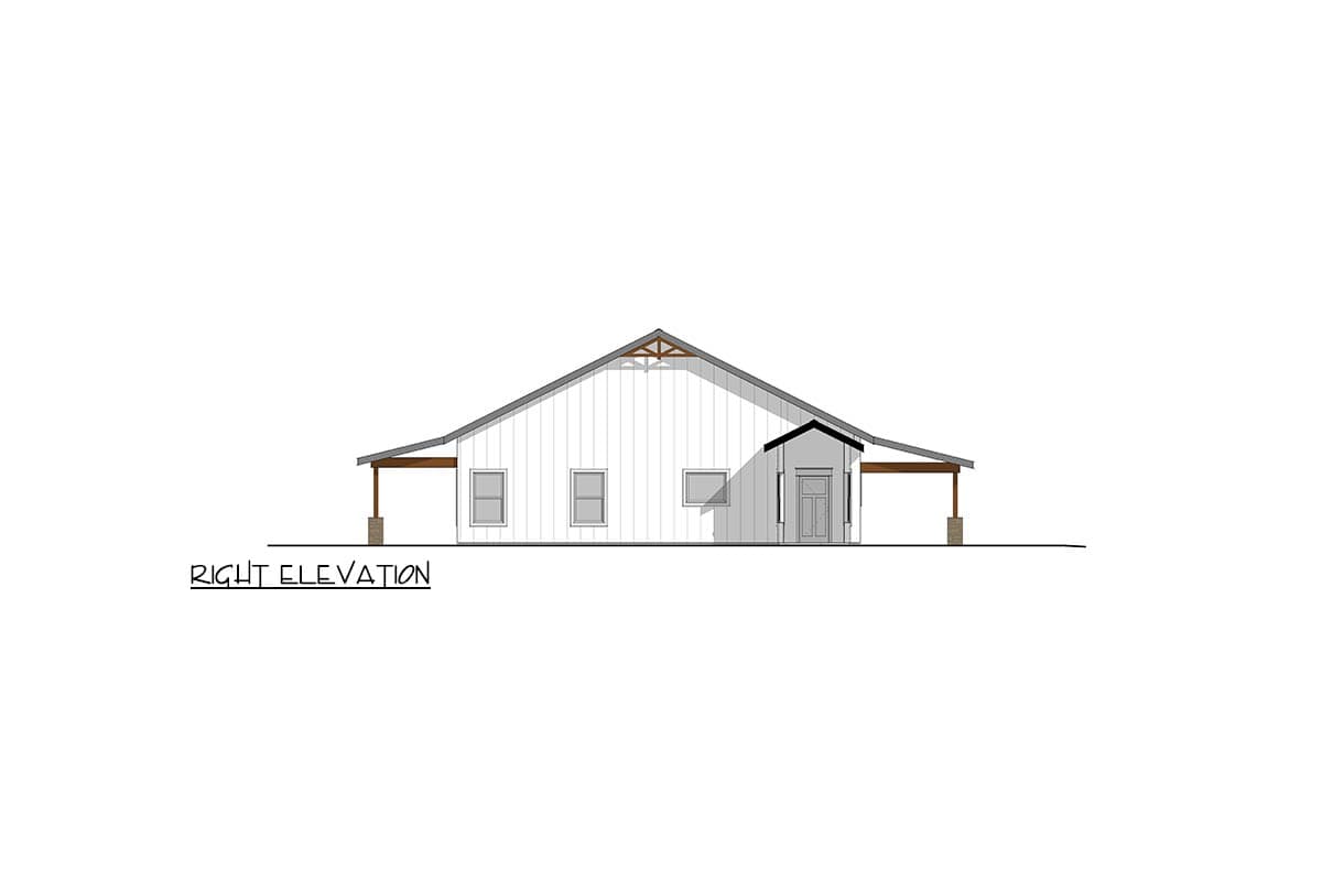 Right elevation drawing of a house plan with a gable roof, shed roof porch, and board and batten siding.