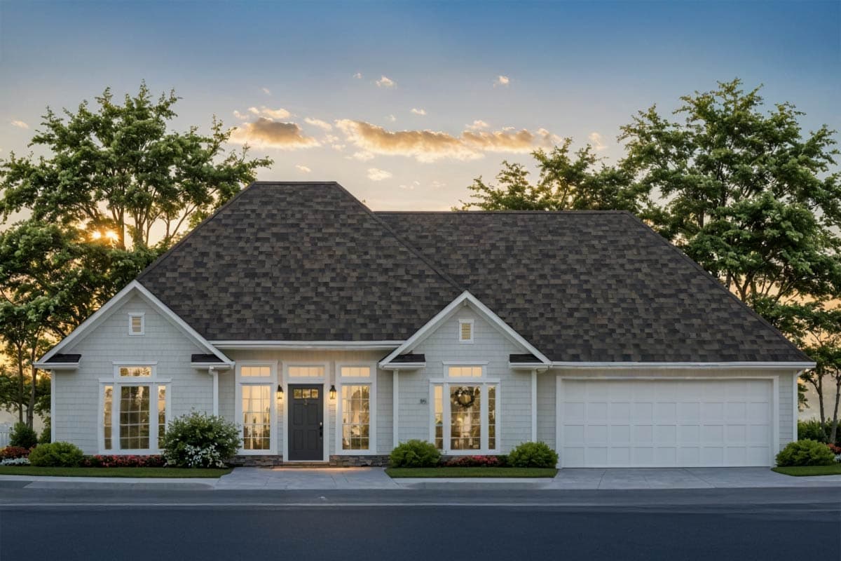 House plan exterior. Ranch-style home with a gabled roof, multiple gables, and an attached, front-facing garage.