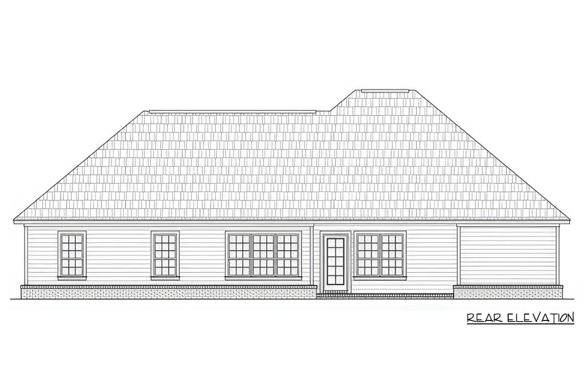 Rear elevation of a one-story house plan showing a prominent gable roof, multiple windows, and a central door.