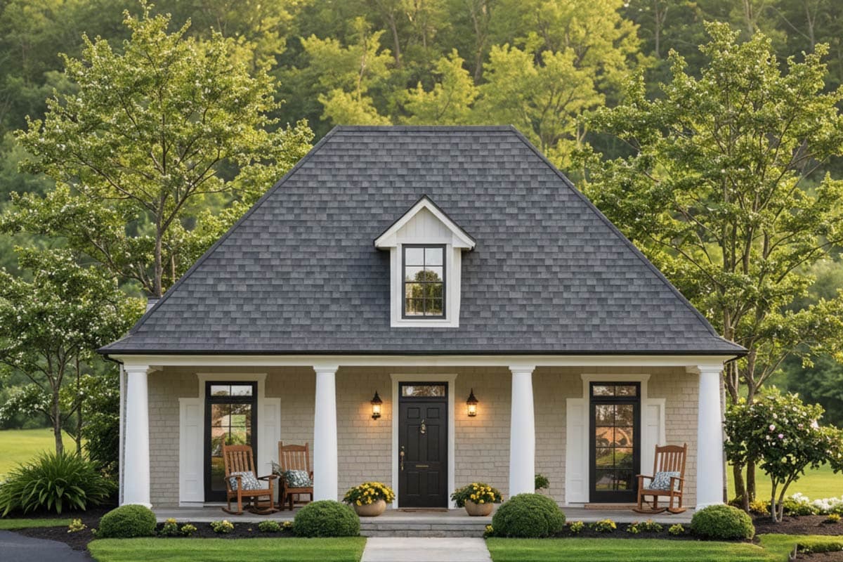 House plan exterior. One-story Ranch style home with gabled roof, dormer, and covered porch with classical columns and rocking chairs.