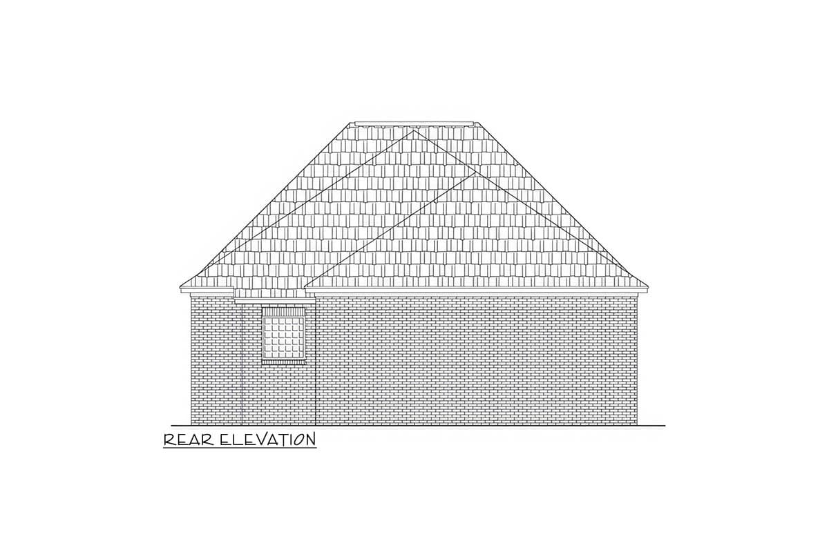 Rear elevation drawing of a house plan with brick exterior, gable roof, and single window.
