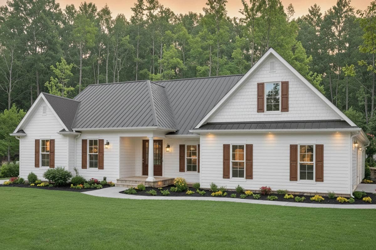 House plan exterior. White farmhouse style with front porch, gabled roof, and dark metal roof. Features include shutters and dormers.