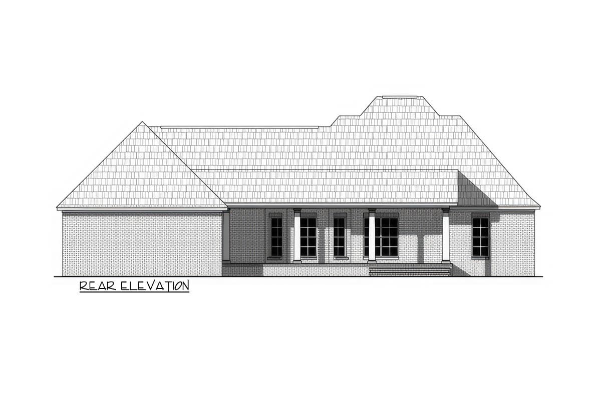 Rear elevation drawing of a one-story house with a covered porch, multiple windows, and varied rooflines.