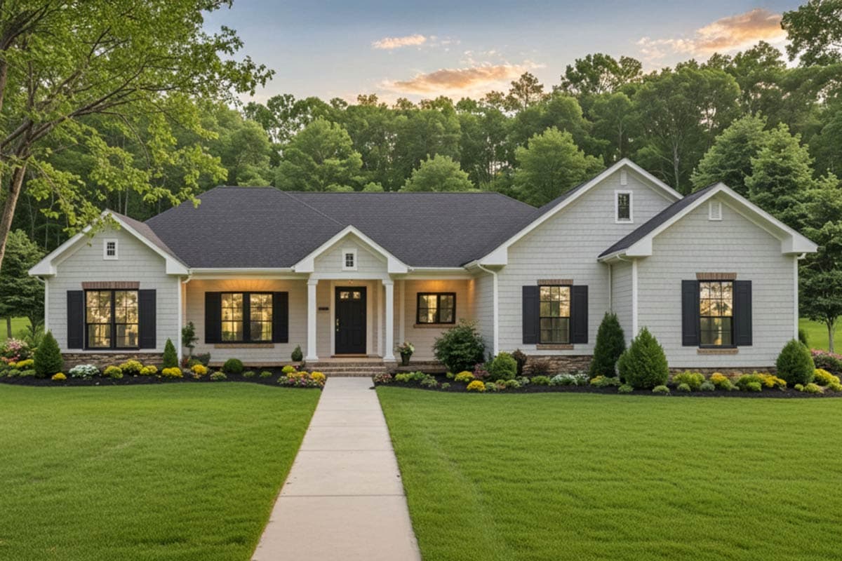 House plan exterior. Ranch style with a front porch, gabled roof, and multiple dormers. Features dark shutters and a central entry.