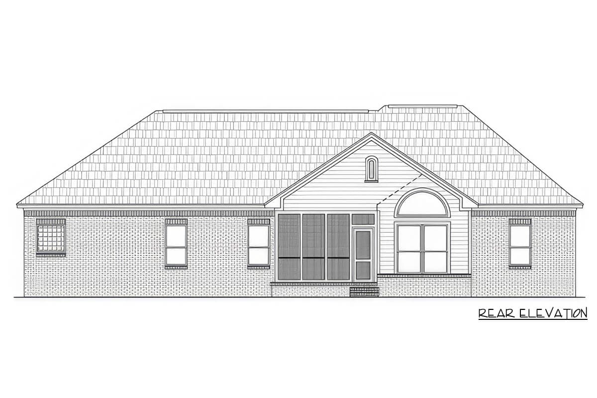 Rear elevation drawing of a single-story house plan with brick and siding, featuring a screened porch and arched window.