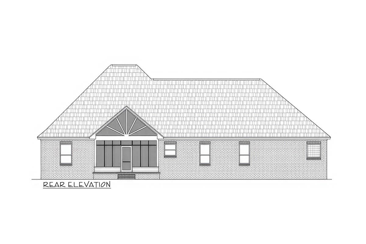 Rear elevation drawing of a one-story house plan featuring a screened porch with a gable roof and brick exterior.