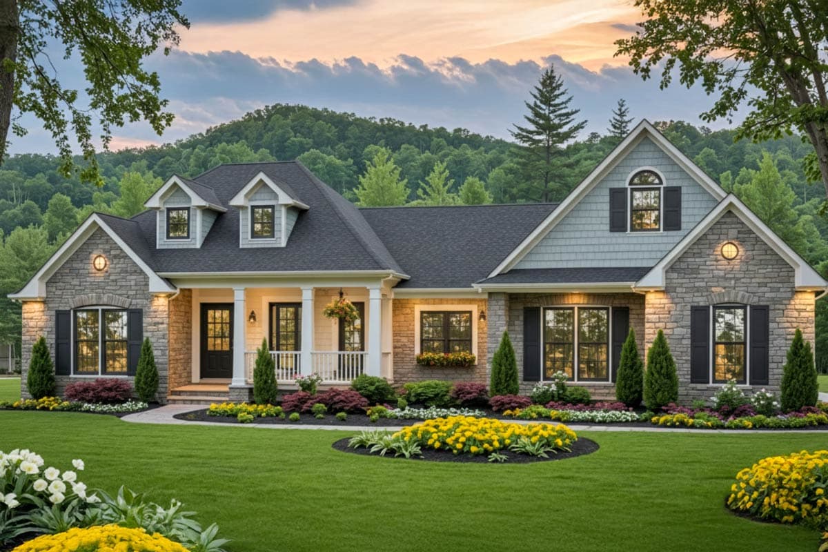 House plan exterior. Two-story with stone facade, front porch with columns, gabled roof, and dormers. Landscaped front yard with lawn and flower beds.