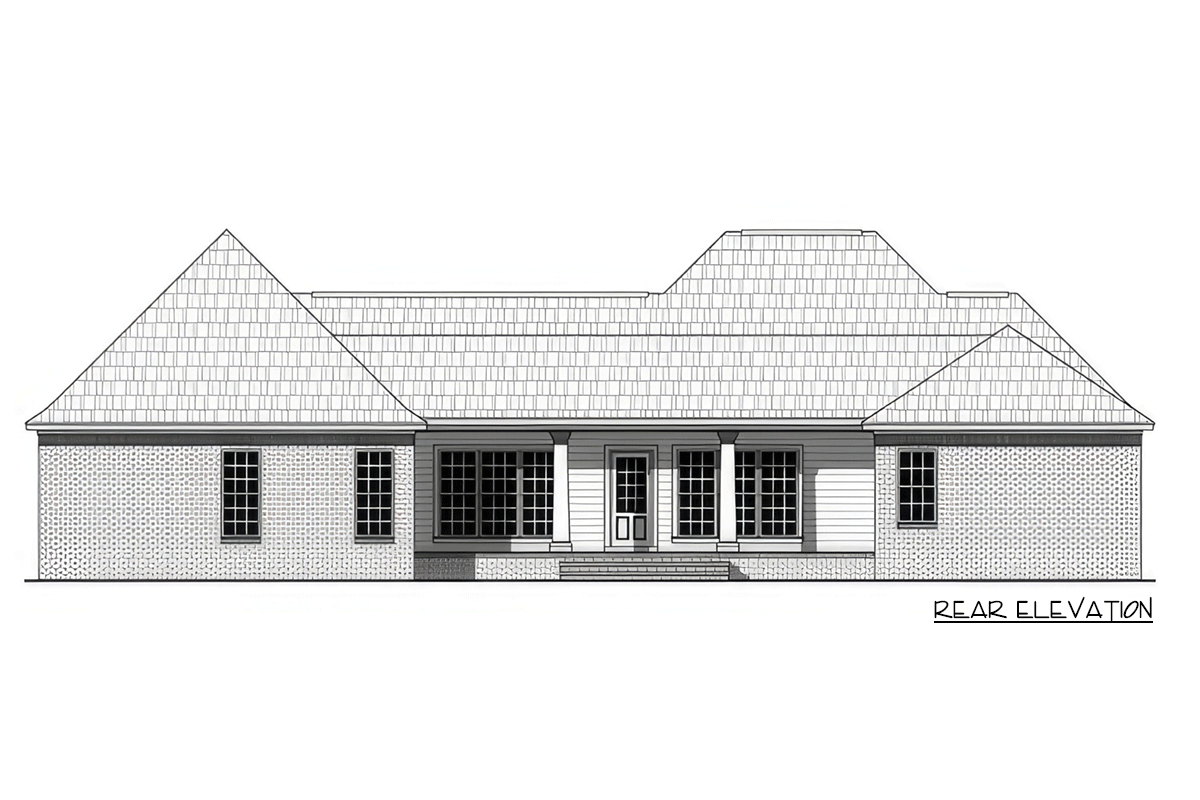 Rear elevation of a single-story house plan with a covered porch, multiple gables, and brick and siding exterior.