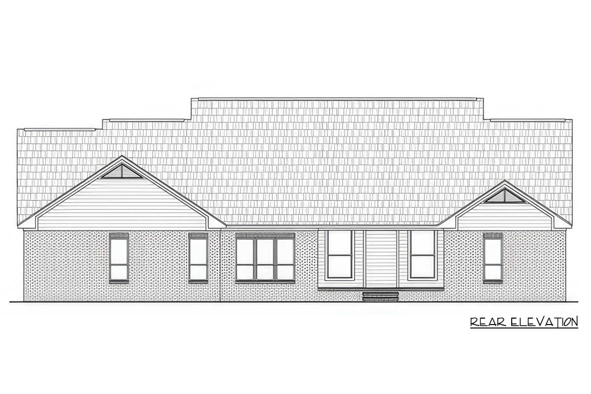 Rear elevation of a single-story house plan with brick lower walls, gable end windows, and a stepped roofline.