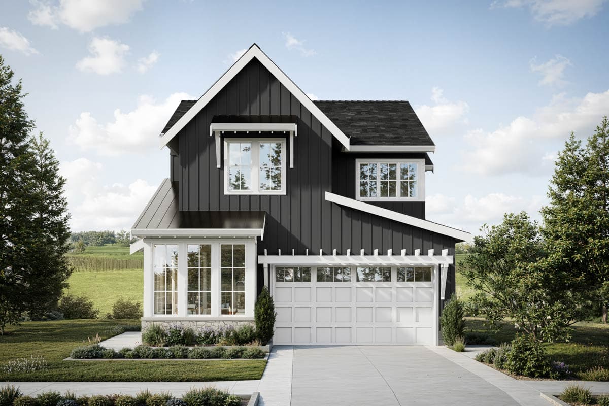 Two-story modern farmhouse house plan exterior with dark vertical siding, white trim, gables, dormers, bay window, and a two-car garage.