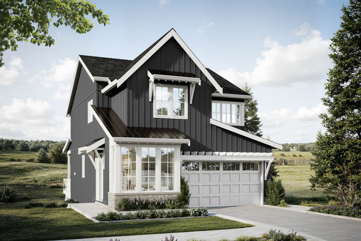 House plan exterior. Two-story Modern Farmhouse with board and batten siding, gable roof, covered porch, and attached garage.