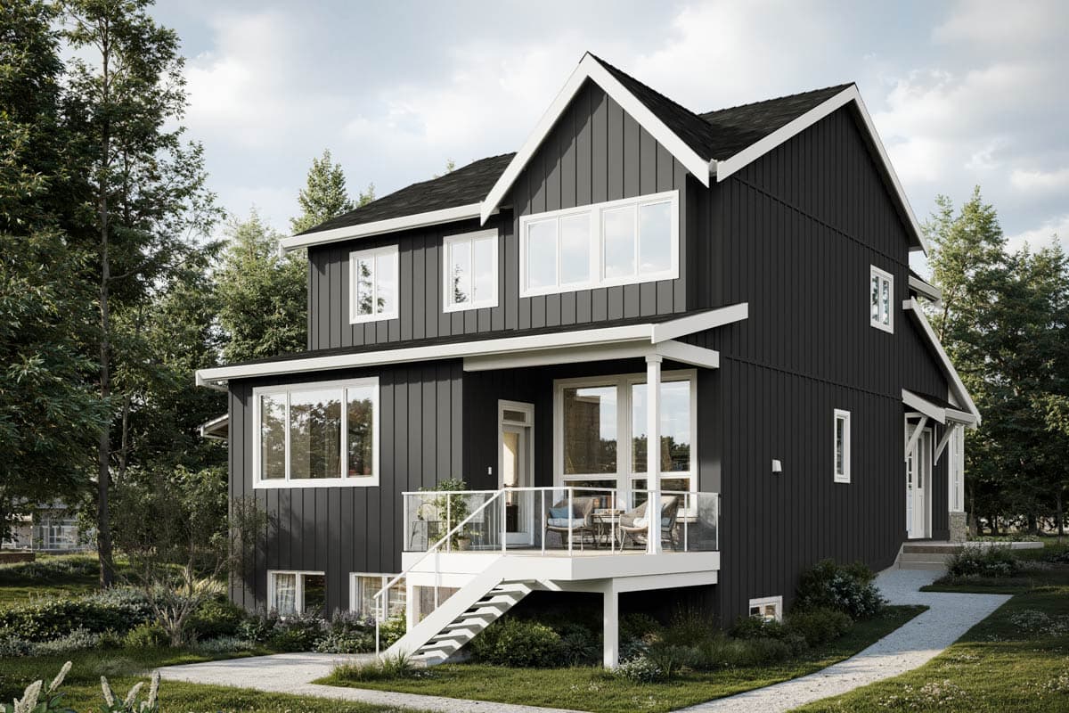 House plan exterior: Modern two-story home with vertical siding, a pitched roof, and a cantilevered deck with glass railing.