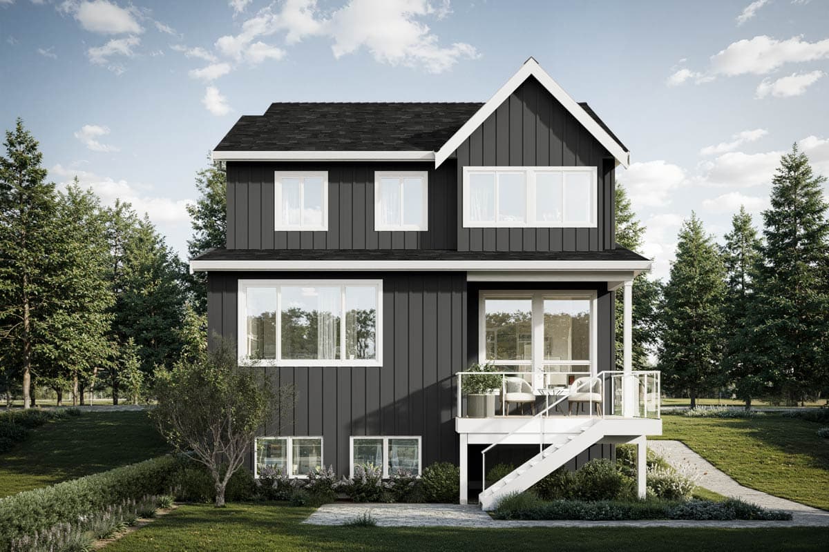 House plan exterior for a two-story Modern Farmhouse with vertical siding, gables, and a raised deck with stairs.