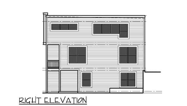 Right elevation drawing of a three-story house plan with horizontal siding, multiple windows, and a second-floor balcony.